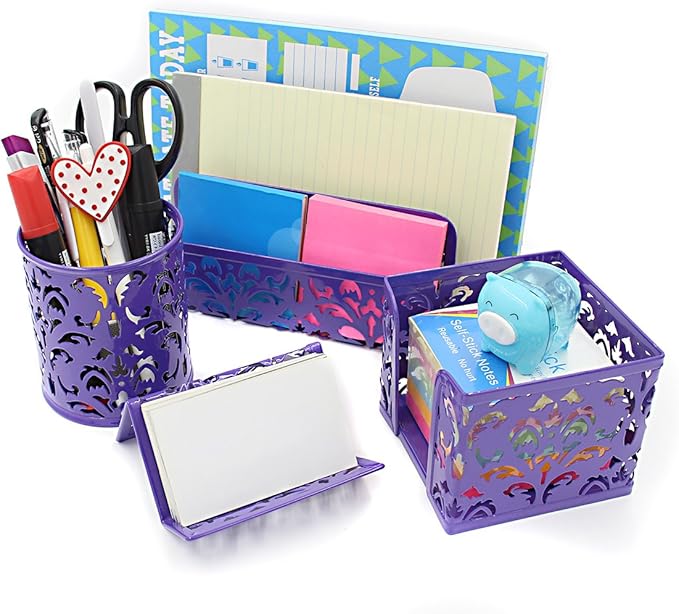 EasyPAG Desk Organizer Set - Pencil Holder Letter Sorter File Holder Business Card Holder and Sticky Note Holder, Purple