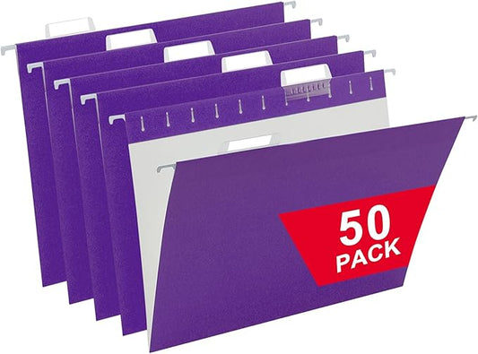 Purple Hanging File Folders,50 Packs Letter Size File Folder,Designed for Bulky Files,Filing Cabinet,1/5 Adjustable Tabs for Office,School,Home