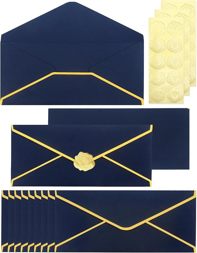 Business Envelopes with V-Flap,Gold Border 30 Pack #10 Envelopes Made of 150gsm Paper, Standard Envelopes with Gold Stickers for Office, Checks, Letter Mailing,9.45 * 4.13 Inches(Navy Blue)
