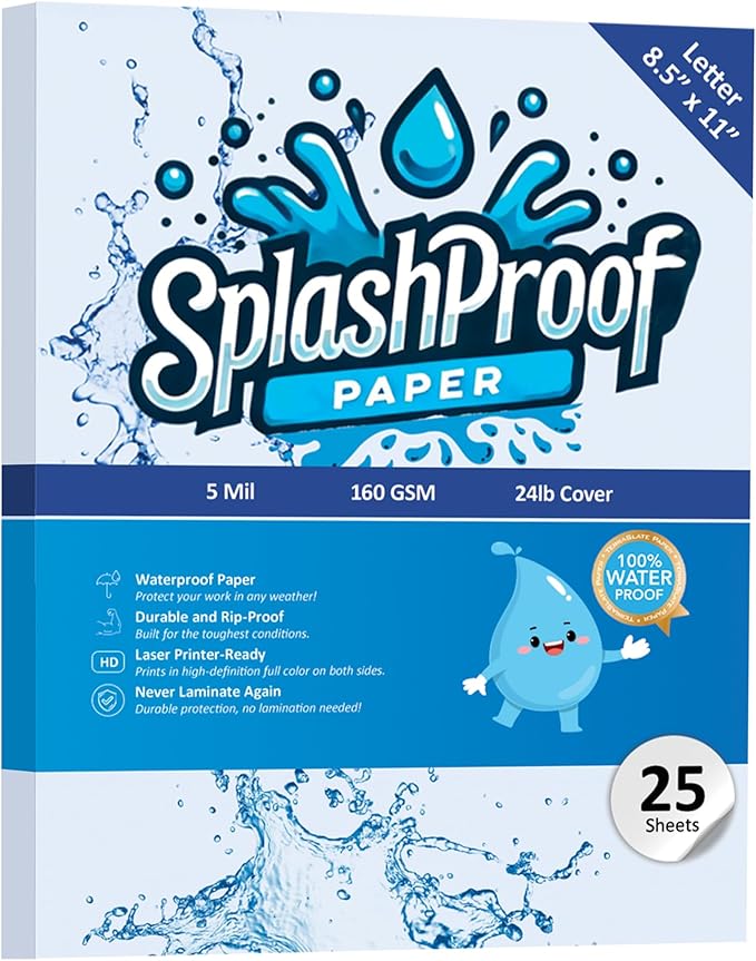 Printer Paper - 8.5" x 11", 5 Mil Waterproof Paper, Laser Printer & Copy Machine Compatible (8.5" x 11" - Letter, 25 Sheets)