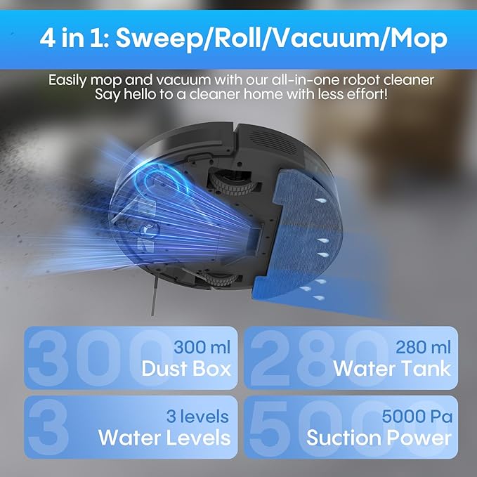 Bagotte Robot Vacuum and Mop Combo,4 in 1 Robotic Vacuum Cleaner,5000Pa Robotic Vacuum with Schedule,Quiet Slim,Self-Charging,Wi-Fi/Voice/App,Perfect for Pet/Hard Floors,/Carpet
