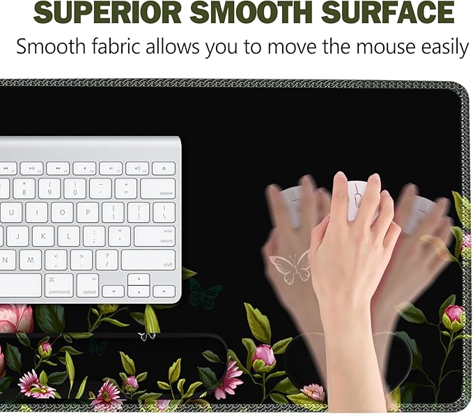 ARTSO Gaming Mouse Pad Wrist Support Set, XXL Large Desk Mat Mousepad + Keyboard Wrist Support+ Mouse Wrist Rest+Coaster 4in1 Ergonomic, Stitched Edge for Home Office -Flowers and Butterflies
