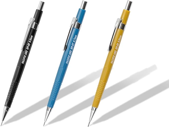 Pacific Arc Mechanical Pencil Set, .5 mm, .7mm, .9 mm Mechanical Pencil with 3 Spare Erasers, Refillable Lead Pencil Holder for Drafting, Sketching, and Drawing