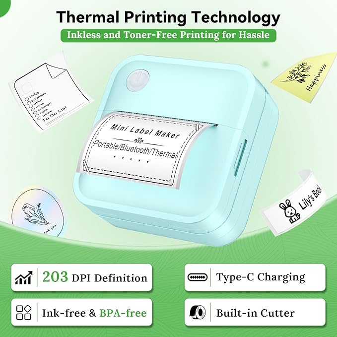 Label Maker Machine with Tape - Mini Sticker Printer Bluetooth Label Printer for Home Office Organization, Portable Thermal Sticker Maker Print Pod with Multiple Templates for Phone