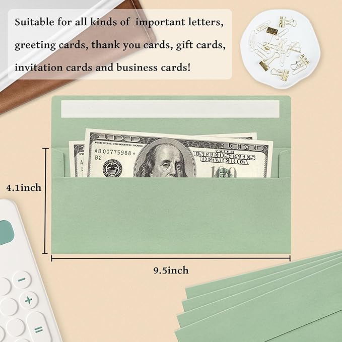 100 Pack #10 Business Envelopes, Sage Green Standard Envelopes Self Seal, Letter Size Mailing Envelopes for Checks Letters Invoices Statements Birthday Graduation Wedding, 4 1/8 x 9 1/2 Inch