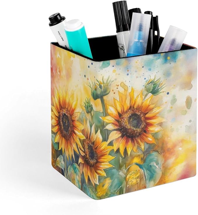 Square Pen Holder & Pencil Organizer for Desk - Office Storage Organizer, Markers/Makeup Brushes/Scissors Holder, Compact Desk Decor Accessories for Home Classroom School(Sunflower)