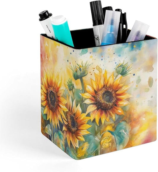 Square Pen Holder & Pencil Organizer for Desk - Office Storage Organizer, Markers/Makeup Brushes/Scissors Holder, Compact Desk Decor Accessories for Home Classroom School(Sunflower)