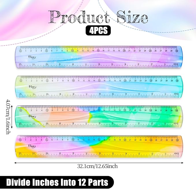 4 Pcs Flexible Ruler Soft Bendable Plastic Ruler Shatterproof Bendable Straight Folding Rulers Gradient Colour Rulers with Centimeters Inches for Adults Classroom Home Office Supplies