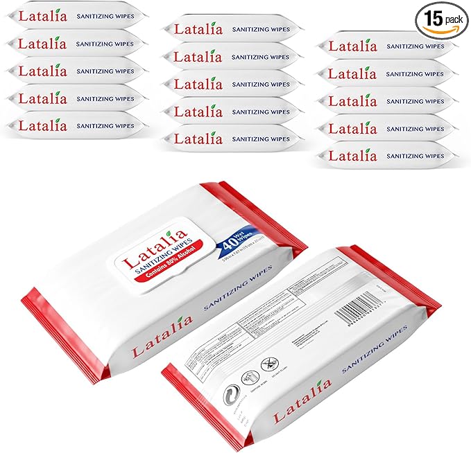 Latalia Hand Wipes Pack of 15 | 80% Alcohol Hand Sanitizer Wipes for Hands & Face Moisturizing, Gentle, Convenient and Fragrance Free (40 Counts)