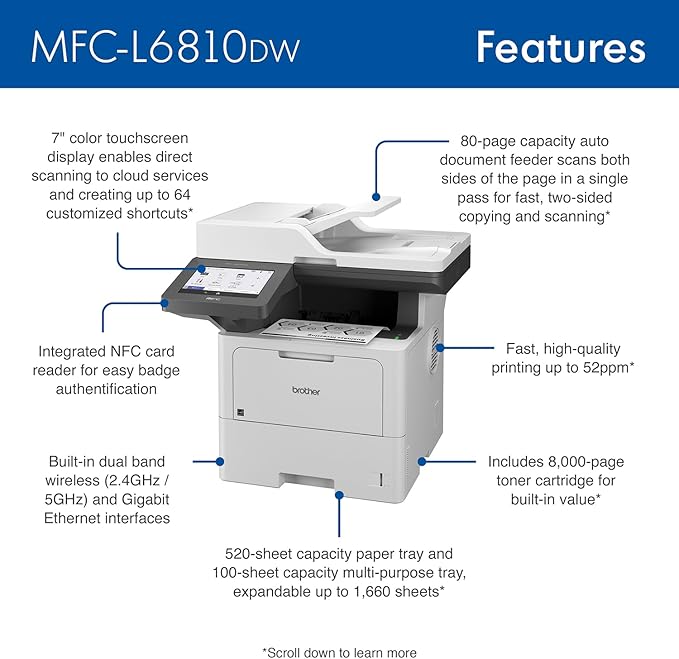 Brother MFC-L6810DW Enterprise Monochrome Laser All-in-One Printer, Large Paper Capacity, Wireless Networking, Advanced Security Features, and Duplex Print, Scan, and Copy, Works with Alexa