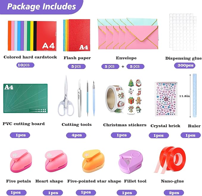 150 Pcs Card Making Supplies For Adults Kids,DIY Card Making Kit with Cutting Mat,Control Knife,Hole Punch,Blank Greeting Cards and Envelopes-Giftable DIY Greeting Card Set-Happy Birthday Christmas