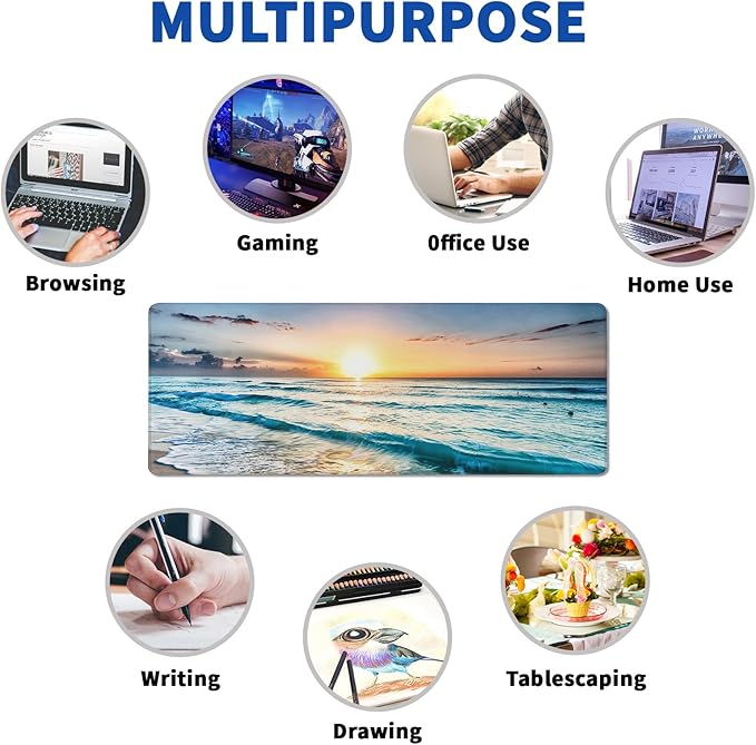 Sunrise Beach Mouse Pad Abstract Sea Mouse Pad 31.5x11.8 Inch Japanese Texture Non-Slip Rubber Base Large Mousepad Stitched Edges Keyboard Mouse Mat Desk Pad for Office and Home