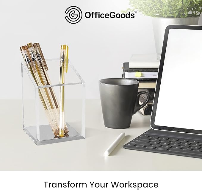 OfficeGoods Acrylic Pen & Pencil Holder - Modern Trapezoid Design - Beautiful Desk Organizer for Home or Office - Contrasting Metal Base - 3" Square w/ 3.5" Front & 4.5" Back - Silver