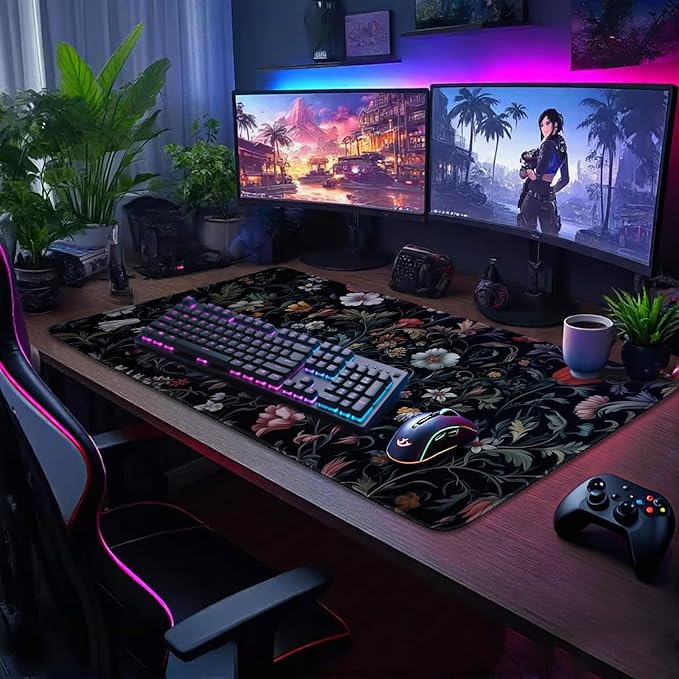 Dark Floral Pattern Large Gaming Mouse Pad 31.5"x15.7"｜XXL Desk Mat, Non-Slip Rubber Base & Stitched Edges - Extended Waterproof Mousepad for PC/Laptop/Office/Home Decor
