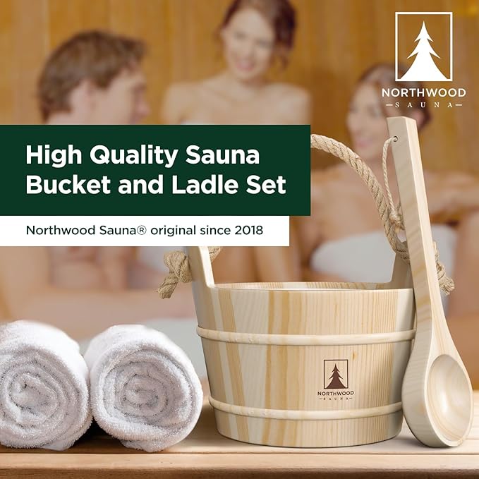 Sauna Bucket and Ladle Set - Handmade from Finnish Pine Wood - Natural Rope Handle - 1 Gallon (4 Liters) Water Capacity