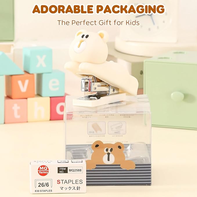 Honagu Mini Cute Animal Stapler with Staples, Cartoon Stereoscopic Silicone (PVC) Stapler, Labor-Saving Office Supplies for Students Kids (Milky White Bear)