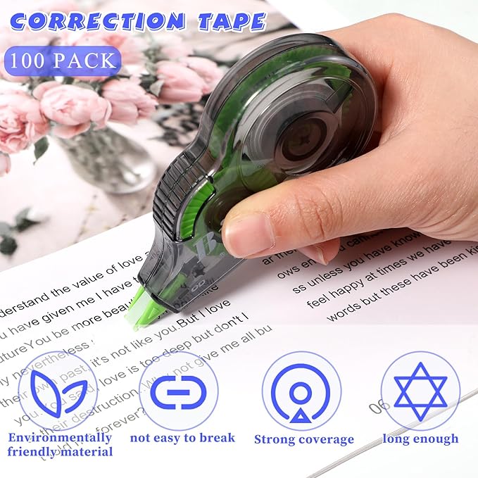 Yexiya 100 Pcs Correction Tapes Original Correction Wide Eraser Applicator Easy to Use Applicator Translucent Tapes Shows for Office Note Journal Scrapbooking, 0.2 Inch x 39.4 Feet
