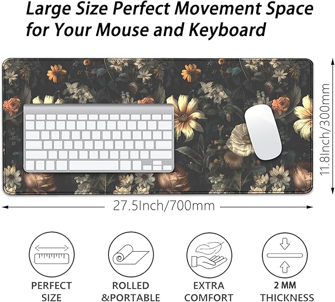 Black Background Flowers Desk Pad Mouse Pad,Large Floral Mouse Mat with Stitched Edges,Non-Slip Rubber Base Elegant Mousepad for Office PC Keyboard Laptop and Home Work Desk Mat(27.5X11.8 in)