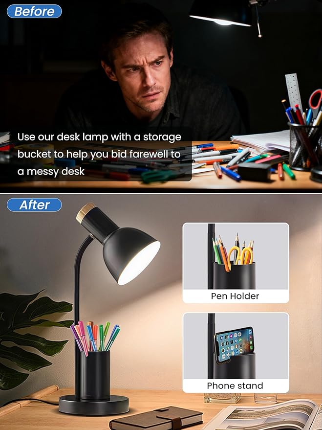 LED Desk Lamp with Pen Holder, Eye-Caring Desk Light 3 Color Modes Reading Light Flexible Gooseneck Metal Study Lamp, Cute Table Lamps for Home Office Bedside Dorm(Black Lamp)