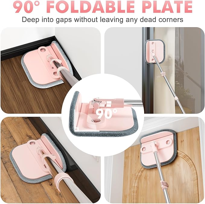 Upgraded Spin Mop and Bucket System Set, Self Separate Clean and Dirty Water, Foldable Square Standing Mop Head with Microfiber Mop Pads, Detachable Bucket (Pink, Mop Set with 2PC Pads)