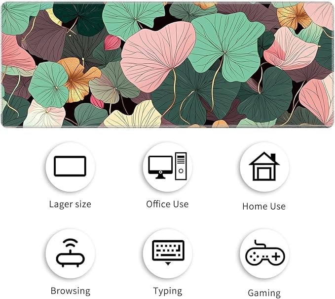 Desk Mat Large Gaming Mouse Pad (31.5x11.8 inch) with Stitched Edges, XL Mouse Pad +Coaster, Extended Mouse Mat Keybroad Mousepad Non-Slip Rubber for Gamer Men Women, Pink Teal Lotus Leaf