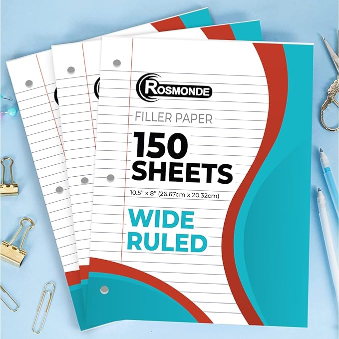 Rosmonde Loose Leaf Paper, 900 Sheets, 6 Pack, Wide Ruled, 8" x 10.5", 56 gsm Bulk Office Filler Sheets, 3 Hole Punched, 150 Sheets/Pack, Wide Ruled for 3 Ring Binder, Notebook Paper, White