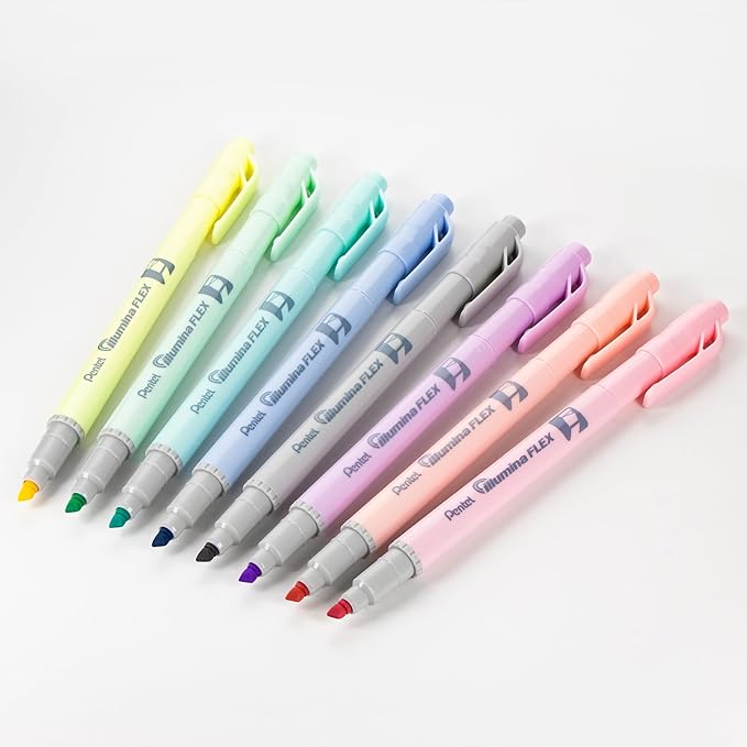 Pentel Illumina Flex Twin Tip Highlighter, Dual-Tip Marker Highlighter, Flex Tip and Chisel, 8 Asstorted Pastel Ink Colors, Pack of 8 (SLW11P-8E)