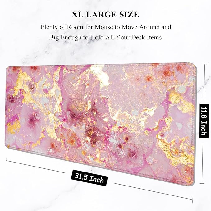 Auhoahsil Large Mouse Pad, XXL Gaming Mousepad, Desk Mat for Desktop, Thick Rubber, Big & Long Size, Stitched Edges, Full Desk Pad for Laptop & Computer, Extended 31.5 x 11.8 in, Pink Gold Marble