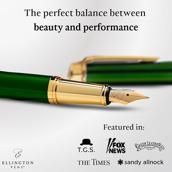 Ellington Pens Luxury Fountain Pen Set - Extra Fine Nib - Includes 3 Ink Cartridges, Refillable Ink Converter, Box - Fountain Pens For Writing, Calligraphy, Journaling, Sketching (Emerald Enigma)