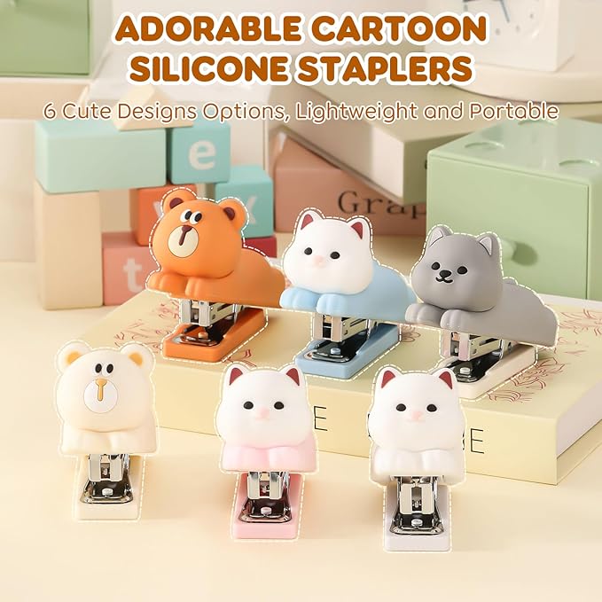 Honagu Mini Cute Animal Stapler with Staples, Cartoon Stereoscopic Silicone (PVC) Stapler, Labor-Saving Office Supplies for Students Kids (Milky White Bear)