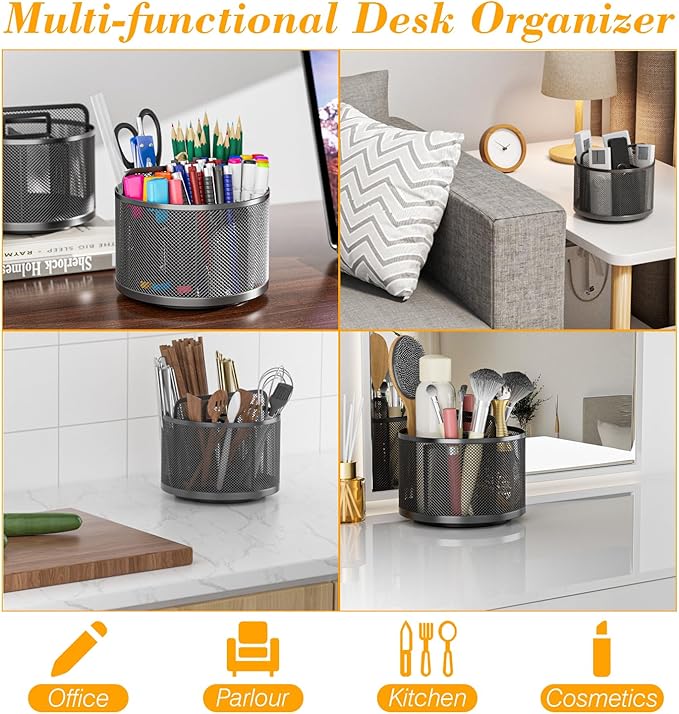 LUCYCAZ 360 Rotating Metal Pencil Pen Holder for Desk, Rotating Pencil Cup with 5 Slots, Dual-Purpose Desk Pen Organizer for Office, School, Home (Round)