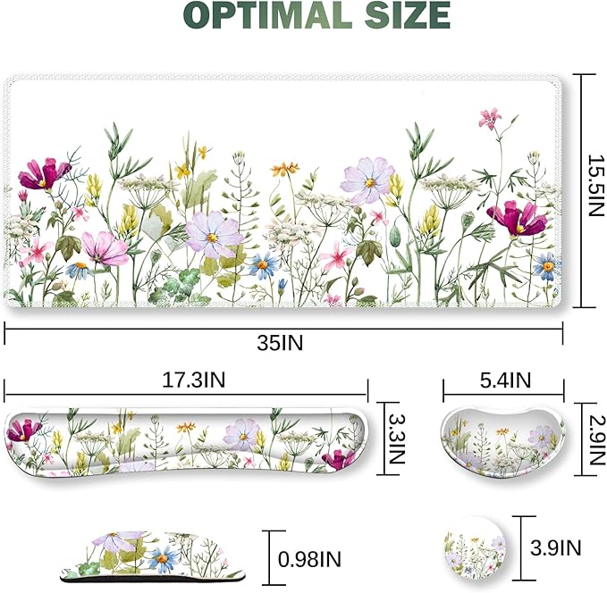 ARTSO Gaming Mouse Pad Wrist Support Set, XXL Large Desk Mat Mousepad + Keyboard Wrist Support+ Mouse Wrist Rest+Coaster 4in1 Ergonomic, Memory Foam for Home Office -White Flowers Plants