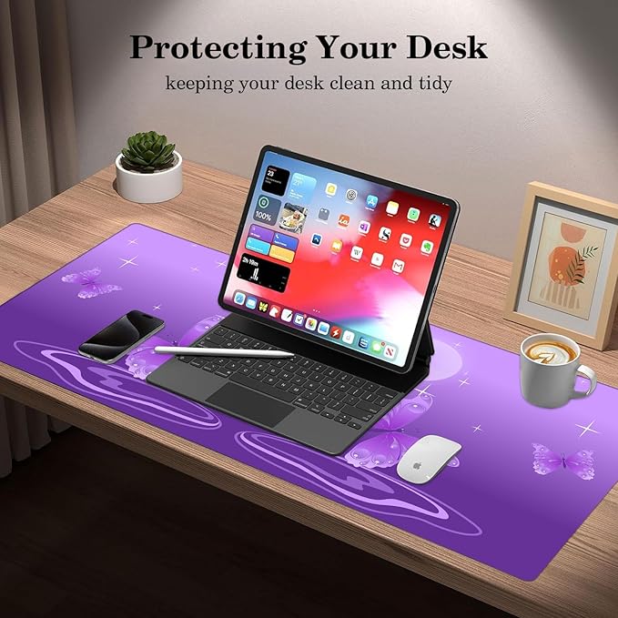 Star Moon Butterfly Desk Pad Protector, Stitched Edges Mouse Pad, Large Office Desk Mat, Non-Slip Desk Blotter, Laptop Desk Pad, Desk Writing Pad for Office and Home (31.5" x 15.7 ")