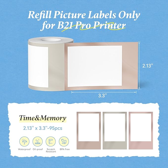 NIIMBOT Photo Papers Only for B21 Pro 300DPI Label Maker, Thermal Picture Labels Good Idea to Print Photos, Beauty Memories, Note,List (2.13''x3.3''-54x84mm)