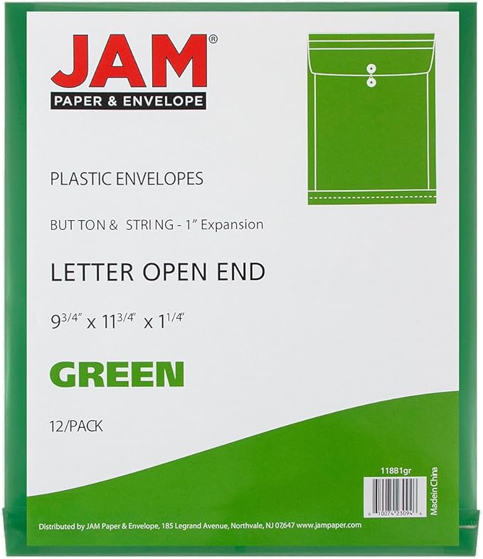 JAM PAPER Plastic Envelopes with Button & String Tie Closure - Letter Open End - 9 3/4 x 11 3/4 - Green - 12/Pack