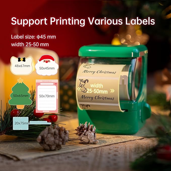 NEW1 Label Printer +4 Rolls Labels, 2 Inch Portable Inkless Bluetooth Label Maker for Small Business Home School, Automatic Label Recognition, Sticker Printer for Address Logo Barcode Clothing (Green)