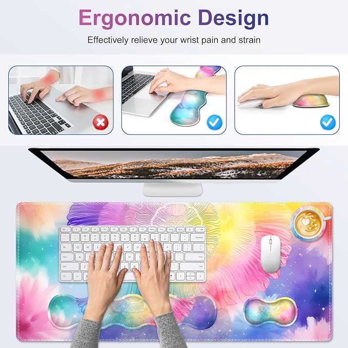 Desk Mat Gaming Mouse Pad, Cute Desk Matt Keyboard Wrist Rest for Desktop, Anti-Slip Big Mousepad Stitched Edges, XXL Large Mouse Pad with Wrist Support for Home Office Computer I Dreamy Colors