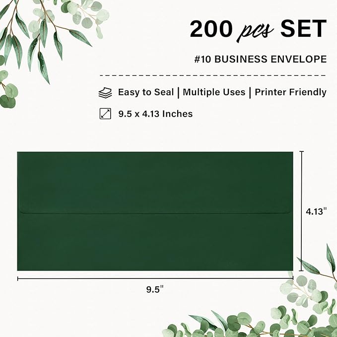 200 Pack #10 Business Envelopes, Self Seal Standard Christmas Dark Green Envelopes for Secure Business & Legal Mailing, Office, Checks, Letter, Invoices, 4 1/8 x 9 1/2 Inches