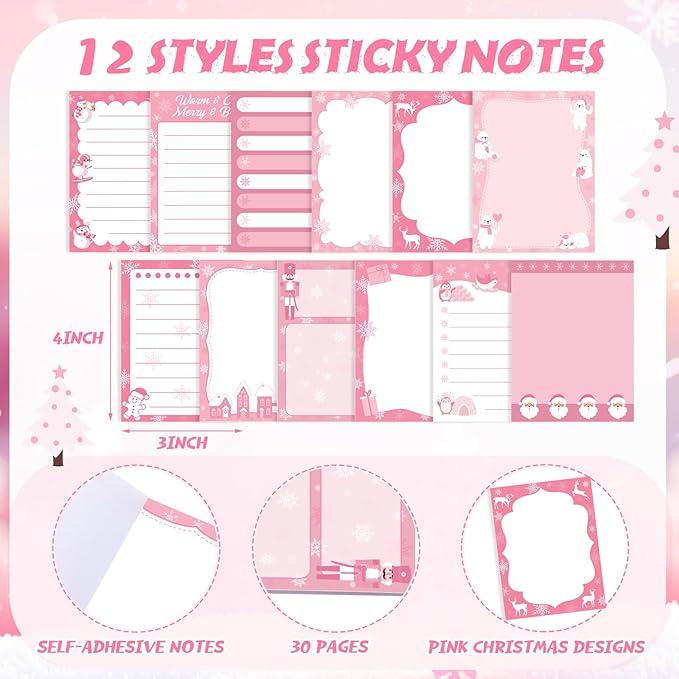 24 Pcs Pink Christmas Sticky Notes with Pens Holiday Gifts Self Adhesive Notepad Cute Memo Notes Pads Black Ink Ballpoint Pen for Office School Students Teacher Supplies