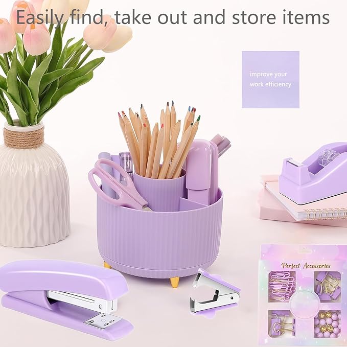 Office Supplies,Desk Accessories,with Stapler,Tape Dispenser,Staple Remover,Scissor,Ballpoint Pen,Sticky Notes,Clear Tape,Staples,Desk Organizer,Ruler,Binder,Best Gift Set(Purple)