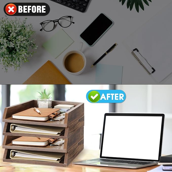 4 Pcs Wooden Letter Trays Wood Letter-Size Desk Organizer Heavy Duty 2 Tier Stackable Supports Paper Tray Desktop Drawer Organizer File Folder Magazine Office Accessories (Dark Wood)