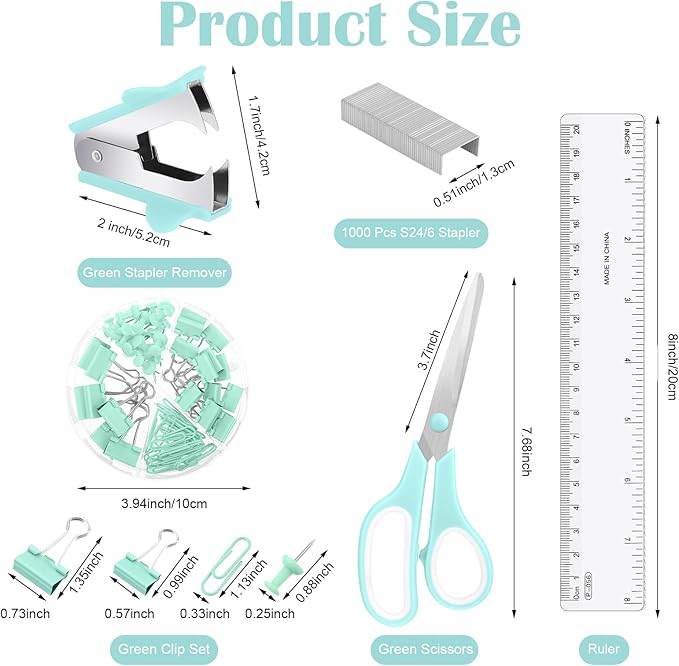 Green Desk Organizers and Accessories, Teal Office Supplies Set Green Mesh Desk Organizer, Stapler, Tape Dispenser, 1000 Staples, Staple Remover, Pen Holder, Clips Set, Ruler, Scissors
