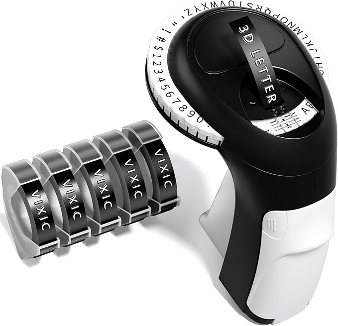 Vixic Embossing Label Maker, Manual Label Maker Emboss, Vintage Embossed Label Makers Machine with Tapes, Old School Labeler with 5 Rolls 3D Black Tapes for Home DIY & Crafting Kids School Items