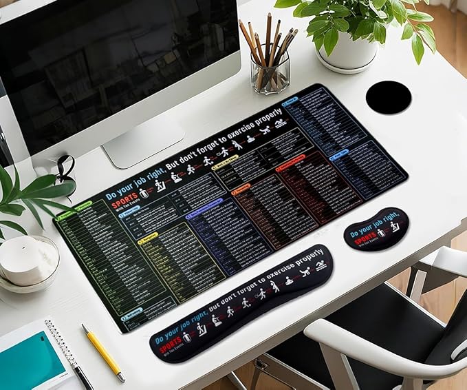 Large Mouse Pad Set, Cute Extended Mouse Pad+Keyboard Wrist Rest Support Desk Pad Memory Foam Ergonomic Easy Typing - Shortcut Keys