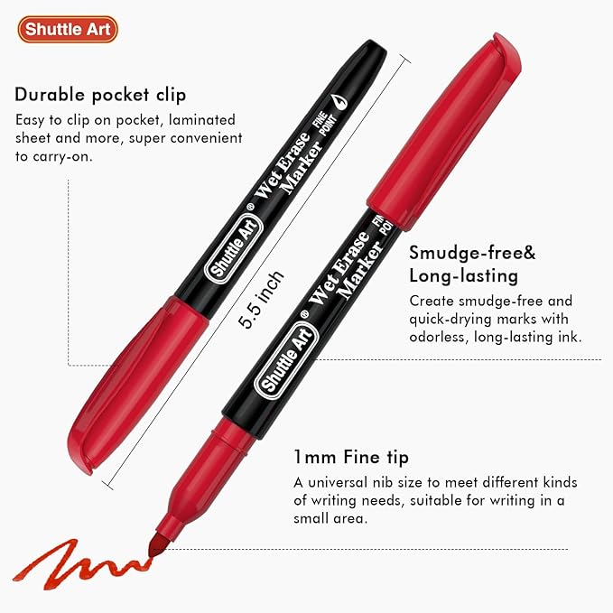 Shuttle Art Wet Erase Markers, 12 Colors 1mm Fine Tip Smudge-Free Markers, Use on Laminated Calendars,Overhead Projectors,Schedules,Whiteboards,Transparencies,Glass,Wipe with Water