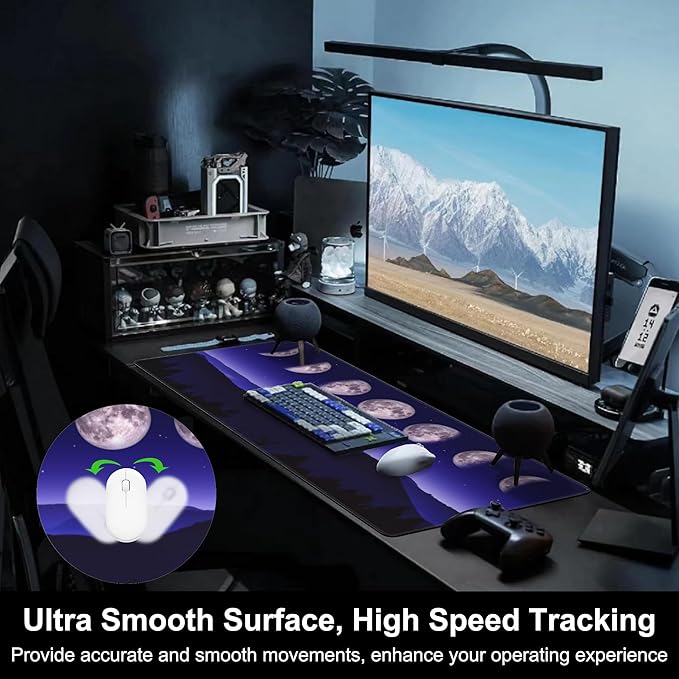 Mouse Pad, Large Moon Phases and Mountain Forest Desk Mat, Extended Non-Slip Gaming Keyboard Mousepad Desk Pad, Thick Stitched Edges Waterproof Mouse Mat 31.5"x15.7" (Moon Phase Changes)
