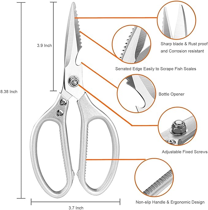 LONJYI Multi Function Kitchen Scissors, Heavy Duty Stainless Steel Shears with Ultra Sharp Blades Left Right Handed Scissors Use for Chicken Meat Seafood Vegetables BBQ Bottle Opener Silver