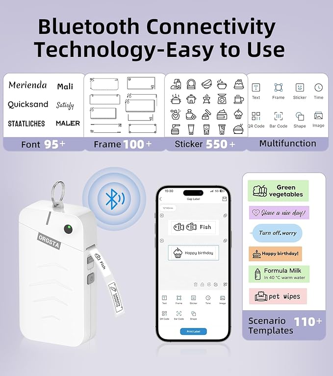 ORGSTA Label Maker Machine with Tape Bluetooth Portable Thermal Labelling Printer for School Home Office Organization, Wireless Mini Labeler S001 Label Machine with Label Sticker Maker, White