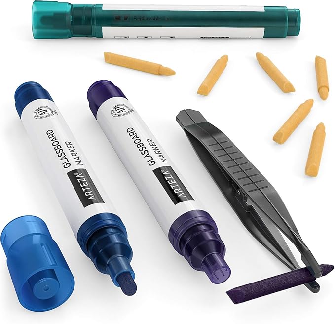 ARTEZA Glass Board Dry Erase Markers, Pack of 10 Colors Glass Markers, Low-Odor Ink, Erasable Mirror Window Markers, Office Supplies for Whiteboards,