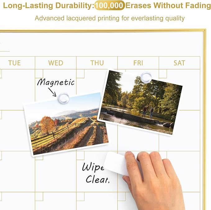 ARCOBIS Whiteboard Calendar with Cork Board, 36"x24" Magnetic White Board Calendar Dry Erase for Wall, Gold Frame Monthly Combination Board for Office, Home, School